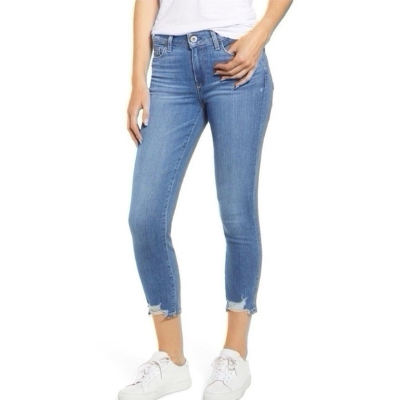 Paige Crop Destructed Hem Jeans Blue - Picture 1 of 6